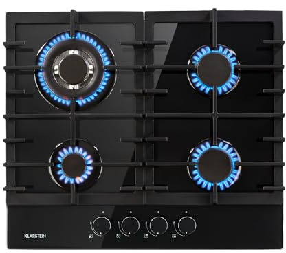 Klarstein Gas Cooker, 4 Burners Gas Hob, 8100W Built In Four Ring Electric Hob, Campervan Cooktops Cookers, Stainless Steel Glass Top Wok Burner, 4 Ring Kitchen Stoves LPG Cooker Burners Units