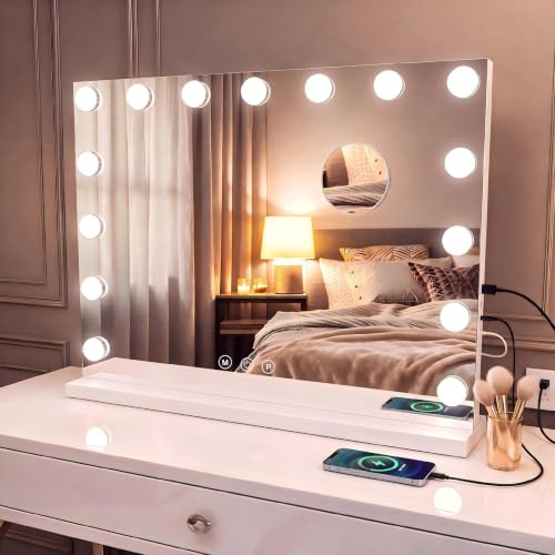 MIQU Hollywood Spiegel mit Licht 58 x 45 cm, Tisch Schminkspiegel mit Beleuchtung, 3 Farbmodig & USB/Type-C-Ladefunktion, groß Make Up Spiegel für Schminktisch mit 15 LED Lampen Weiß