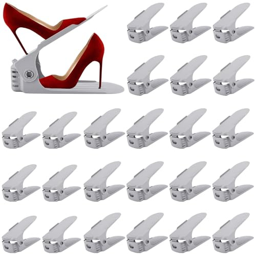 YUTUY 24 Stück Einstellbare Schuhregale,Schuhorganizer Schuhaufbewahrung Platzsparend,Rutschfestes Schuh Organizer,4 Höhenverstellbar,Platzsparend,rutschfest Kunststoff,Doppelschicht Schuhstapler