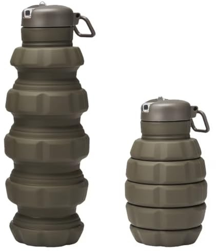 Grenade Shaped Collapsible Water Bottle 500ml, Army Green Silicone Folding Sports Flask with Carabiner, Leak Proof Novelty Gift for Military & Tank Fans, Gym, Camping & Hiking