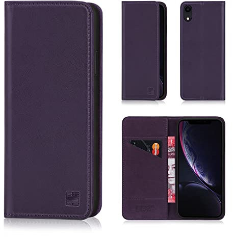 32nd Classic Series - Real Leather Book Wallet Flip Case Cover For Apple iPhone XR, Real Leather Design With Card Slot, Magnetic Closure and Built In Stand - Aubergine