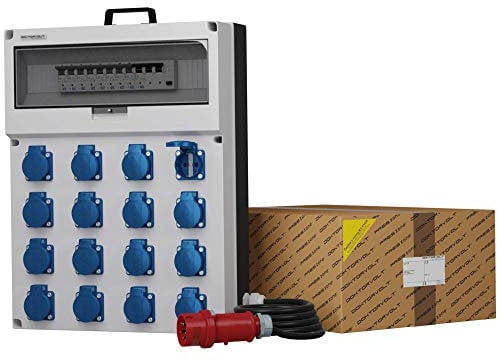 Dokorvolt Stromverteiler mit Steckdosen 16x 230V Schuko, 8x LS-Schalter C16A VDE, 1x RCCB FI-Schalter 40A, Kabel mit CEE Stecker 32A Baustromverteiler Wandverteiler komplett verdrahtet IP44
