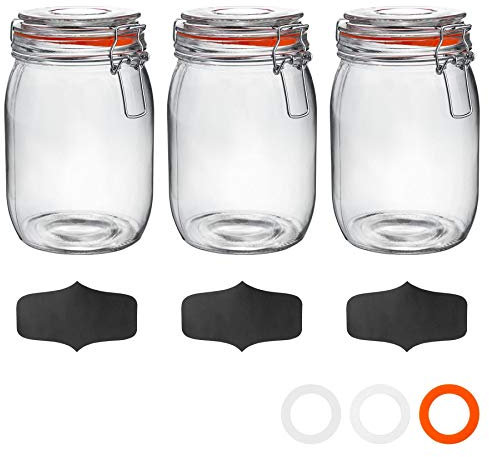 Argon Tableware Glass Jars with Airtight Metal Clip Lid & Chalkboard Stickers - 1000ml/33.8oz - 3 Pack - 4 Colour Seals - Round Container Preserving Jar for Pickling, Chutney, Jam, Coffee
