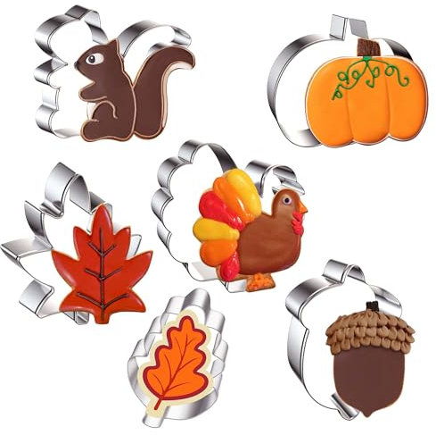 FHzytg 6 Stück Herbst Ausstecher Set, Ausstecher Kürbis, Blätter Keksausstecher, Erntedankfest Ausstecher, Edelstahl DIY Plätzchenausstecher Ausstechformen, Kürbis, Ahornblatt, Eichhörnchen
