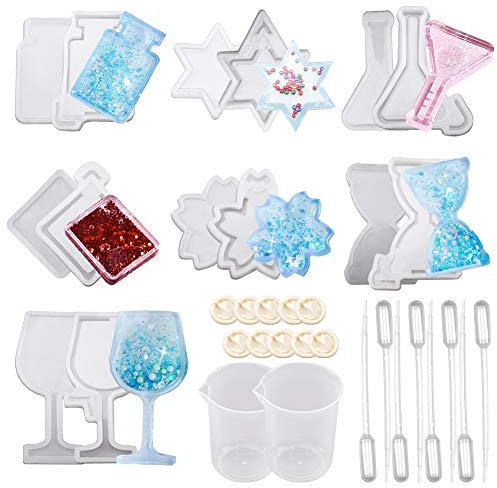 SUNNYCLUE 34 Stücke Harz Shaker Form Schmuck Set Mit Epoxy Silikonformen Sterne Sanduhr Blume Weinglas & Transferpipetten & Latex Fingerlinge Für DIY Charme Anhänger Schmuck Handwerk Harz Machen