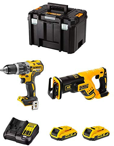 DeWALT Kit DWK205 (Perceuse à Percussion DCD796 + Scie Sabre DCS367 + 2 Batteries de 2,0 Ah + Chargeur + TSTAK VI)