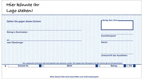 Personalisierbarer -Volksbank - Raiffeisenbank- Spendenscheck PR-Scheck, Bedruckt mit Ihrem Wunschtext und Logo, (1 Stück) - Größe: 30 x 17 cm