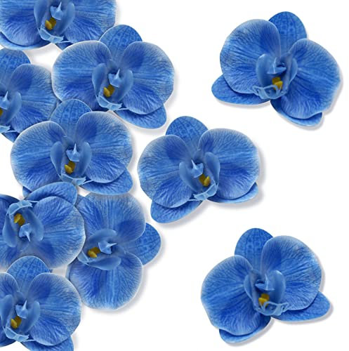 LARDUX Künstliche Blütenköpfe – 20 Stück künstliche Orchideen Blumen Köpfe künstliche Schmetterlinge für Haarschmuck Hochzeit Gastgeschenke Kuchen Dekoration Kränze – Blau