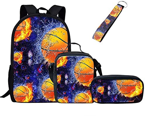 Jeiento Set di borse scolastiche per ragazze e ragazzi, zaino casual resistente all'acqua con borsa per il pranzo, astuccio e portachiavi da polso, 4 in 1, Pallacanestro, L, Zaino casual