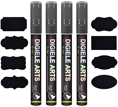 DIGIELE Kreidestift Silber, 4 Stücke Silber Kreidestifte 3mm + 16 Tafel Labels, Reversibel Dünne oder Mittlere Spitze, Trocken oder Feucht Abwischbare Flüssigkreide für Whiteboard/Tafel/Fenster/Glas