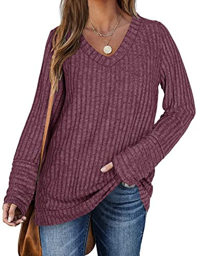 PLOKNRD Felpa Donna Maglione a Maniche Lunghe Pullover Leggero con Scollo a V Casual Top Stile Base Allentato(Lilla,XXL)