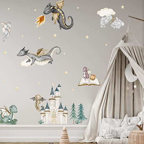 WANDKIND Drachen Welt Wandtattoo Kinderzimmer V371 | handgezeichnet | AUFKLEBER Kindergarten | Babyzimmer Wandsticker Wanddeko Dekoration Schloss Burg Drache Dragon (100 x 100 cm)