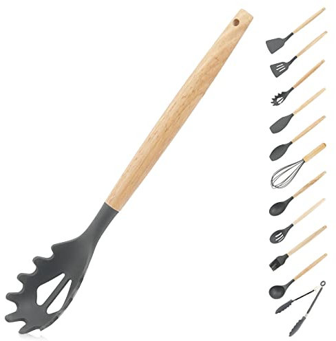 Spaghetti Spoon, Pasta Spoon, Silicone Pasta Fork with Natural Wood Handle, Pasta Spoon with Teeth, Heat Resistant