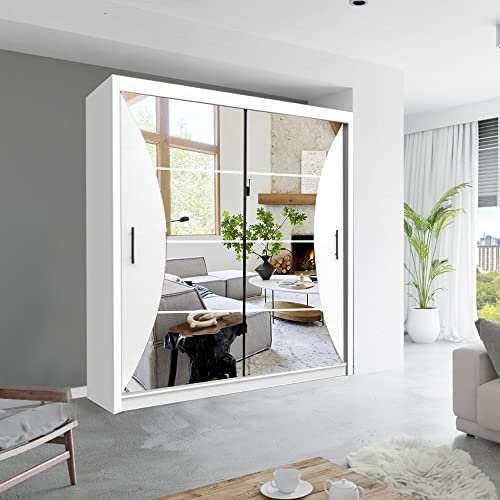 Modern Double Sliding Door Wardrobe 2 Mirrored Hanging Rails & Shelves Storage Cabinet for Bedroom (California White, 203cm)