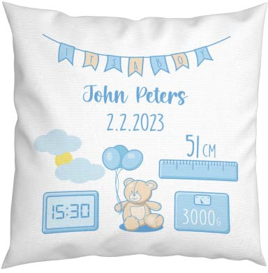 LIEBTASTISCH - Personalisiertes Kissen - Geschenk zur Geburt Taufe - Erinnerung - Jungen & Mädchen - Baby - Geburtskissen - Teddybär - Babygeschenk - Namenskissen - Geschenke (Junge)