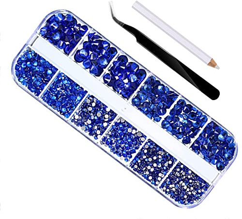 2000 Pcs Flat Back Gems Round Crystal Rhinestones 6 Sizes 1.5-6 mm with Pick Up Tweezer and Rhinestones Picking Pen for Crafts Nail Clothes (Dark Blue)