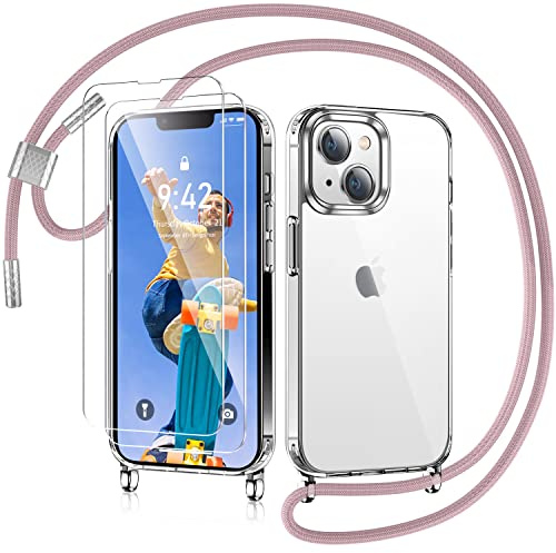 AROYI Handykette für iPhone 14 Hülle mit Band Und 2 Stück Schutzfolie, Transparent Ultra Hybrid Handyhülle für iPhone 14 mit Kette zum Umhängeband Abnehmbar Stossfest Hülle - Roségold