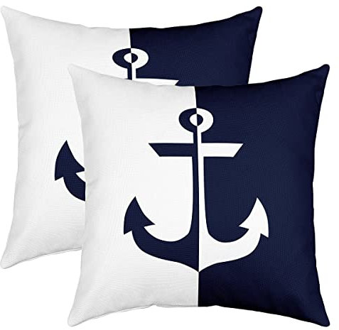 Anker Dekor Kissenbezüge 45x45cm 2er Set Kissenbezüge Kinder Nautische Thema Dekorative Sofakissen Couchkissen für Ozean Küsten Kissenbezug Kissenhülle Meer Adventure Marine Blau Weiß Dekokissens