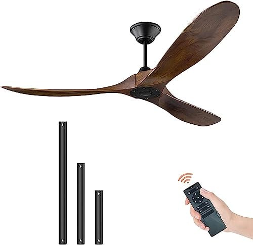 132cm/ 52 Zoll Deckenventilator mit Fernbedienung, Holzpropeller 3-Blatt-Deckenventilator für den Außenbereich ohne Licht für Terrassen, DC-Motor, 1-8 h Timing, 6 Speed Silent Deckenventilatoren