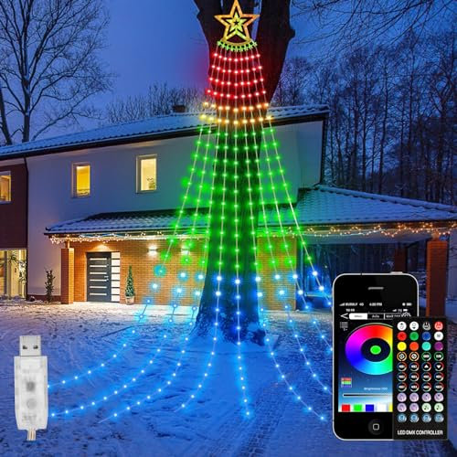 Christmas Waterfall Lights Outdoor with Remote & App Control, 10FT 305-LED RGB Color Changing Xmas Tree Lights String USB Powered with 10 Modes for Tree, Patio, Garden Decoration