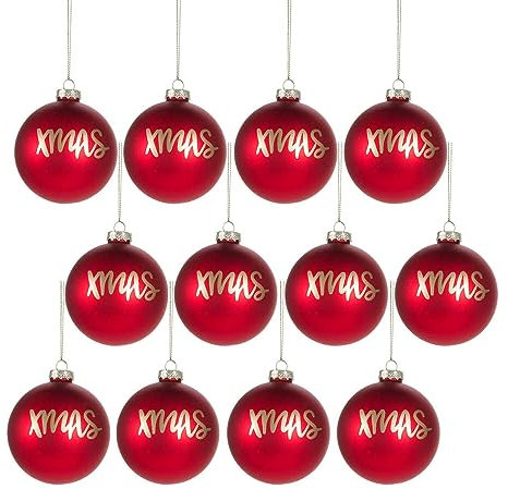 12-TLG. Set Dekors-Christbaumkugeln, Echt-Glas Weihnachtskugeln Ø ca. 8 cm, mattglänzend, in rot mit Goldener Aufschrift Xmas, inkl. Aufhangösen und Aufhänger-Bändchen in Gold