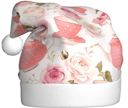 ELkine Pink Teapot Printed Christmas Hat, Funny Santa Hat, Xmas Holiday Hat For Unisex Adults
