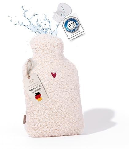 kontor28 - Cuddly Teddy hot Water Bottle with Cover Made of Super Soft 100% Organic Cotton, Handmade in Germany, Leak-Proof, odourless and Pain-Relieving for Children/Adults - 0.8 litres