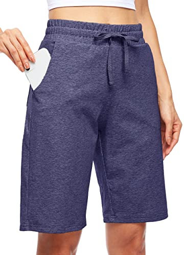 WILLIT Damen Shorts Bermuda Baumwolle Lange Shorts Sporthose Yogahose Fitness Knielange Workout Sommer 10 mit Taschen Blaulila L