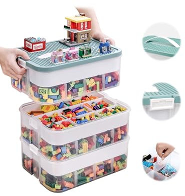 OSTWOLKE Aufbewahrungsboxen mit Deckel für Lego, 3 Ebenen Transparente Sortierbox, Plastik Stapelbar Box mit Griff& Abnehmbarem Tablett& Verstellbaren Fächer für Kleinteile, Handwerk, Accessoire