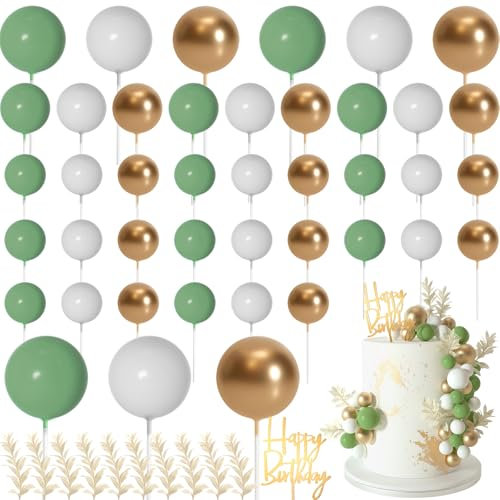 MIAHART Topper per torta con palline in stile bohémien, decorazione per torta a tema bohémien, per compleanni, matrimoni, baby shower, feste a tema bohémien (verde, oro, bianco)