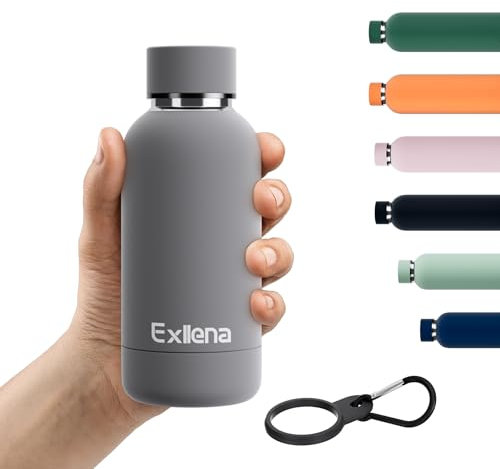 Exllena Grey BPA Free Small Insulated Water Bottle, Vacuum Keeps Drinks Cold Up to 24 Hrs, Hot Up to 12 Hrs - 350ml with Clip for Handbag