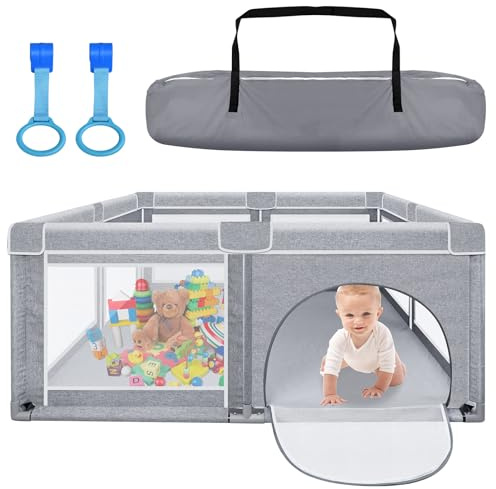 YUENFONG Laufstall Laufgitter Baby Absperrgitter, XXL Kleinkinder Sicherheitsspielplatz, Schutzgitter Krabbelgitter für Kinder, mit Rutschfester Basis atmungsaktivem Netz, Dunkelgrau, 180x200x68cm