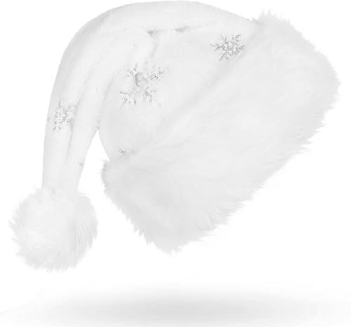 JOFONY Weihnachtsmütze,Weiß Nikolausmütze mit Silbernen Schneeflocken,Plüsch Weihnachtsmann Mütze,Warm Dicker Santa Mütze,Weihnachtskostüme für Weihnachtsfeier Weihnachtsdekoration