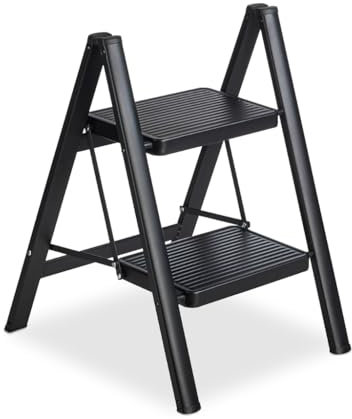 Buxibo - Küchenstufe/Klappleiter 2 Stufen - Küchenstufe - Klappbarer Leiterhocker - Trittleiter - rutschfest - Metall - Schwarz