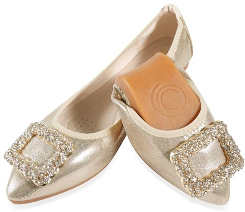 YOUNIFIZ Women's Ballet Flats Soft Pointed Toe Fashion Buckle Wedding Shoes Foldable Sparkly Comfort Slip on Ballerina Walking Flats Pumps (Gold,Size 5)