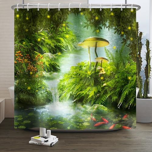 Xiaoterna Fiaba Fantastica Foresta Tenda da doccia Primavera Fiaba Foresta Incantata Tenda da bagno verde Tenda da doccia pesce d'erba lucciola Tessuto impermeabile lavabile in lavatrice 180x180cm