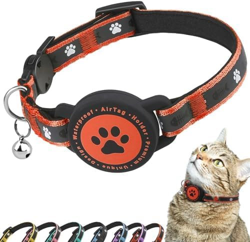 Airtag Katzenhalsband Breakaway, Reflektierendes Kätzchenhalsband mit Airtag-Halterung und Glocke, Bequeme Polsterung, Verstellbar, Langlebig, Passend für Katzen (Orange,S)