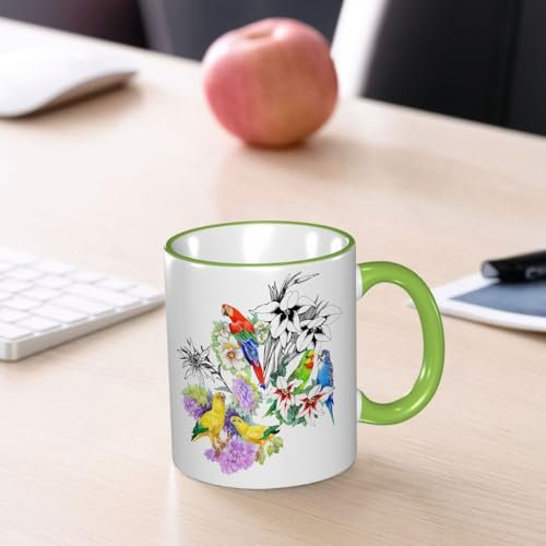 YOIUE Copa de cerámica interesante 11OZ tazas 330 ml - Regalo original y divertido Exquisita taza de impresión Decora tu taza,Loros exóticos y hermosas flores sobre fondo blanco.
