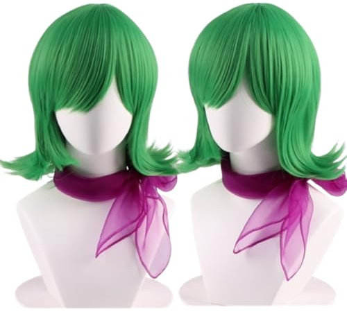 COSPLAZA Grüne Disgust Kostümperücke für Damen mit violettem Schal kurze grüne gewellte Perücken Ekel Halloween Kostüm Anime Cosplay