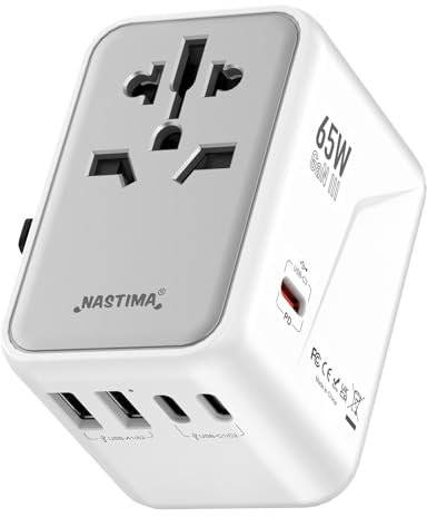 NASTIMA Global Travel Adapter 65W USB C Charger, GaN III Universal Travel Adapter with 2 USB-A, 2 Type-C and 1 PD 65W Fast Charging, All-in-One Plug for EU, USA, UK, Japan, Australia