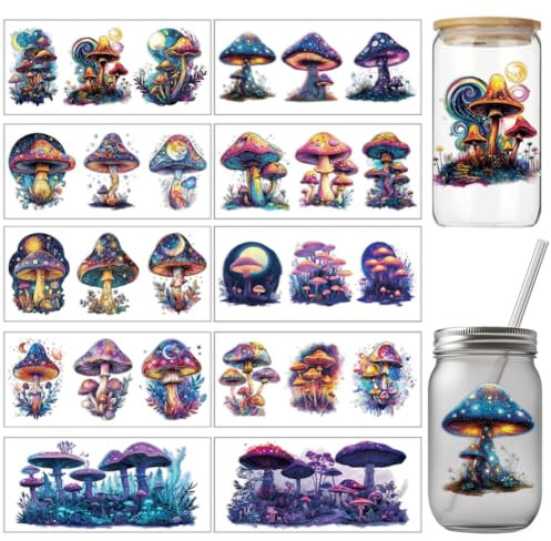 arricraft 10 Blatt Transferpapier Für Tassen Mit Fantasie Pilzmotiv 11x24cm (4.33x9.45 Zoll) Sternenpilz Transferaufkleber Wasserdichte PVC Aufkleber Für Die DIY Brillen/Fensterdekoration