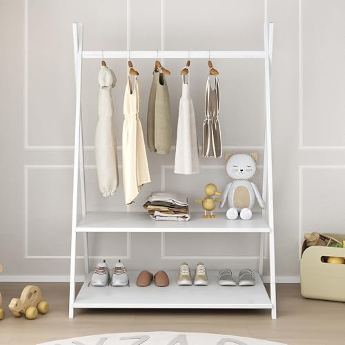 IDIMEX Kindergarderobe Danilo mit 1 Kleiderstange & 2 Ablageböden in weiß - Montessori Möbel für Kinderzimmer, freistehende Garderobe aus Massivholz mit Ablage.