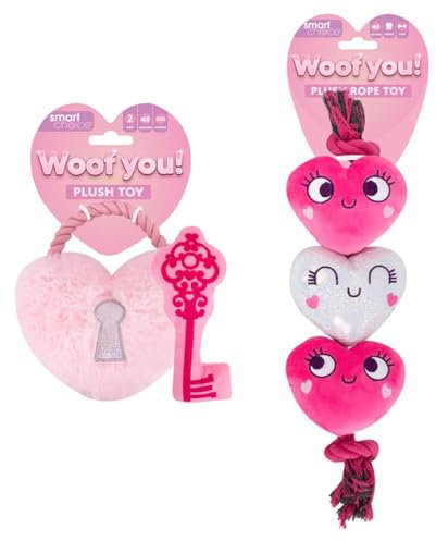 YöL Set of 2 - Heart Shaped Pet Plush Rope Tug Of War Toys Dog Puppy Teething Squeaker Stimulating Interactive Valentines Day