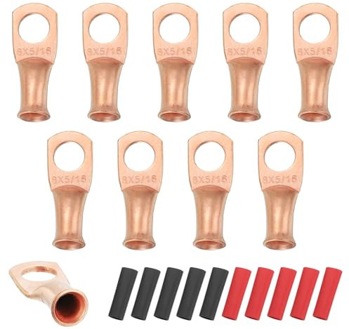 sourcing map 10pcs 8 AWG M8 Battery Lugs Ring Terminals, 5/16 8mm Stud Crimp Wire Terminal Connector End Copper, 2:1 Heat Shrink Tubing, Gold