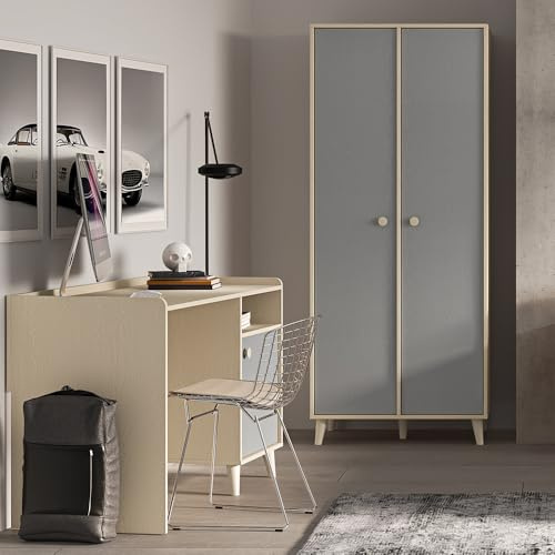 Lomadox Jugendzimmer Set 2-teilig in Sandbeige mit grau Schreibtisch Kleiderschrank 2-türig mit Kleiderstangen Softclose modern