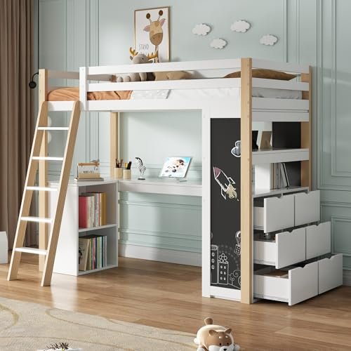 Merax Kinderhochbett 90x200 cm, multifunktionales Bett mit Schreibtisch, Regal, Tafel, großer Schublade & Leiter, Hochbett aus Holz mit Stauraum & Absturzsicherung, Weiß + Natur (ohne Matratze)