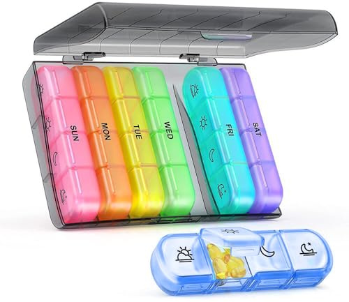 Tablettenbox 7 Tage Pillendose 7 Tage 4 Fächer Abnehmbar Medikamentenbox 28 Fächer Einfach zu Öffnen Tablettenbox Morgens Mittags Abends für Unterwegs(Buntes)