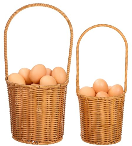 Farmhouse Rattan Egg Baskets 2 Pcs, Large and Small Handwoven Storage Baskets with Handle, Multi-purpose Egg Collecting Basket, Fresh Egg Storage, Lightweight and Portable