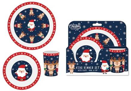 RSW Christmas Santa & Friends Kids Dinner Set – 3 Piece Tableware Set with Plate, Bowl & Cup – Festive Santa & Reindeer Design – Perfect for Children