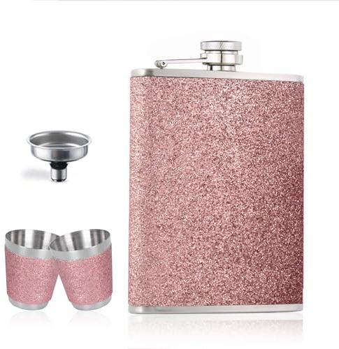 Galenecx Flachmann Edelstahl, 8oz/220 ml Tragbare Auslaufsicher Flachmann | Rosa Stilvoll Flachmänner mit Trichter, 2 Stück Schnapsglas, Hip Flask mit Schraubverschluss